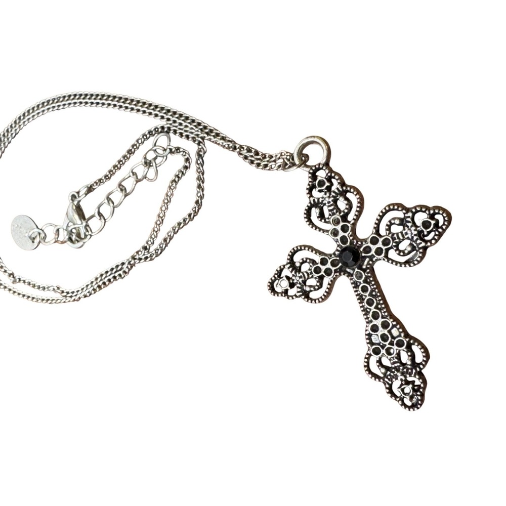 Large Cross Necklace Ornate Fashion Cosplay Jewelry Silver Black OS